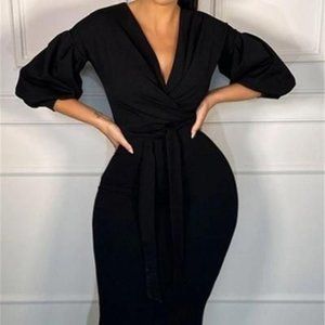 Party V Neck Skinny Black Knee Length Dress